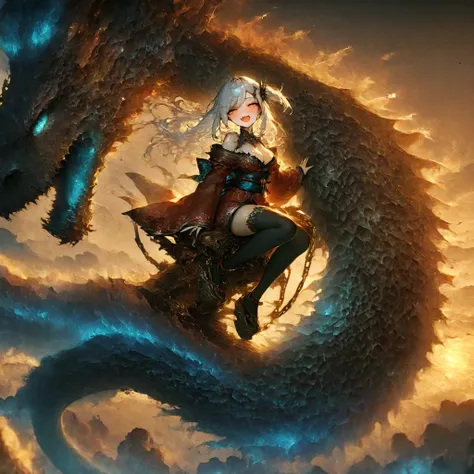 masterpiece, best quality, 
mythicalbeastrider, (dragon), (flying), front view, in sky, (riding), dragon-rider, saddle, riding on back, full view,  full person, 
solo, 1girl, head tilt, one side up, swept bangs, hairclip, long hair, white hair, red mini ki...