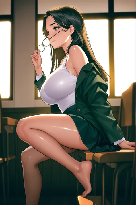  Masterpiece,    top quality,   16-year-old Jennifer Connelly ,  on one foot,  from side, Beautiful profile, cinematic lighting showing her body, 8k,    Wide-angle photography   ,   shiny long black hair ,  radiant smile , dark green high school uniform ja...