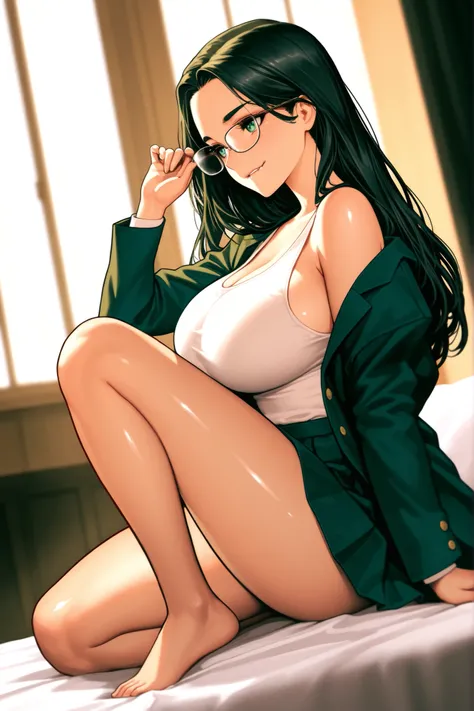  Masterpiece,    top quality,   16-year-old Jennifer Connelly ,  on one foot,  from side, Beautiful profile, cinematic lighting showing her body, 8k,    Wide-angle photography   ,   shiny long black hair ,  radiant smile , dark green high school uniform ja...