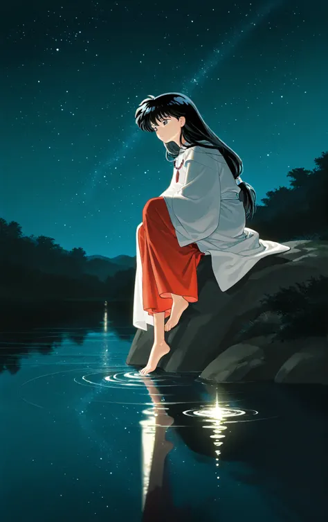 High quality, 1 girl, inspired by Kikyo from Inuyasha, sitting or standing barefoot at the edge of a river, night time, starry sky reflected in water, loose long black hair, no footwear, white and red priestess robes draped loosely, peaceful and contemplat...