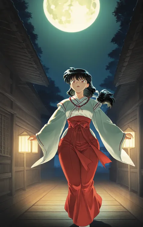 High quality, 1 girl, inspired by Kikyo from Inuyasha, hair tied back in a neat traditional style, wide hips, detailed face with neutral expression, wearing a white and red shrine maiden outfit, walking through a feudal Japanese village at night, wooden ho...