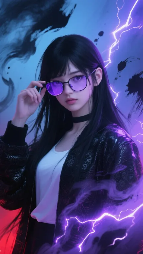 fine 3D rendering+cyber ink aesthetic+color smudging+blurry and scattered
A young girl，Beautiful 22-year-old girl，Stunning Beauty，has exquisite facial features，Glasses in hand，has long straight black hair scattered，wearing a black jacket with a gorgeous texture， white underwear，looks at the camera with clear, shiny eyes like purple glass，lighting effects all around the body，purple thunder flickers。
dynamic ink dyeing effect，ink flowing like smoke，intertwined with cyber light effects。
High contrast volumetric lighting with indigo blue and vermilion gradients，in a position preparing to attack。
is rendered with Unreal Engine 5 and Octane，8k resolution，emphasizes the realism of the material combined with the flowing touch of the ink brush。