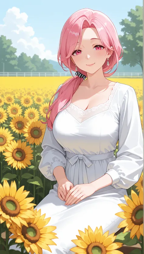 mature woman. smiling. setting: sunflower field, bright day. bright smile. hair color: random. eye color: random. white dress