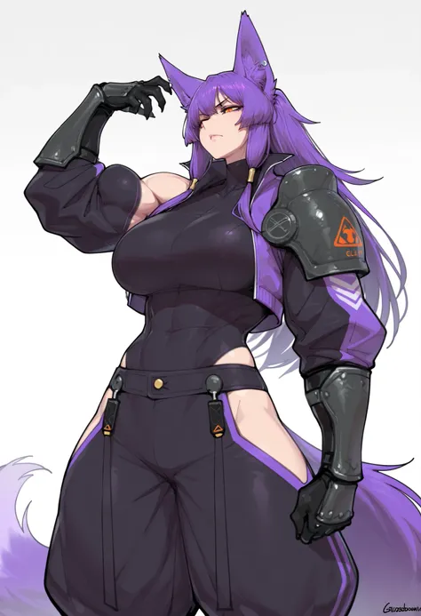 gorgeous kitsune girl, beautiful face, kitsune, hair of purple color, beautiful woman, orange eyes, slit pupils, personalami style, vvolputrous body, toned woman, curvy and athletic, fox ears, long hair, big breasts, dark adventurer jacket, buggy pants, open hips, single steel pauldron vambrace and gauntlet, black hands, fox tails, open clothes, attractive proportions, defined muscular arms and legs, giantess, athletic body, fox ears, tall woman, serious, calm dominant expression, half-closed eyes, dynamic seated pose with a confident and assertive posture, masterpiece, ultra definition, simple white background, solo.