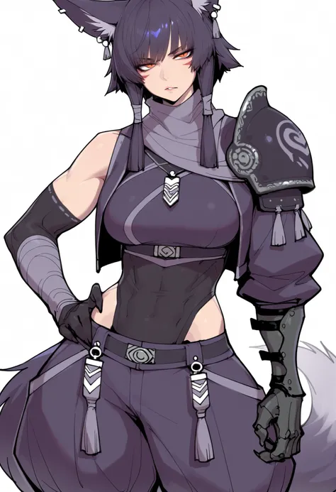 gorgeous kitsune girl, beautiful face, kitsune, hair of ash-purple color, beautiful woman, orange eyes, slit pupils, volputrous body, toned woman, curvy and athletic, fox ears, short hair, dark adventurer jacket, buggy pants, single pauldron, single vambra...