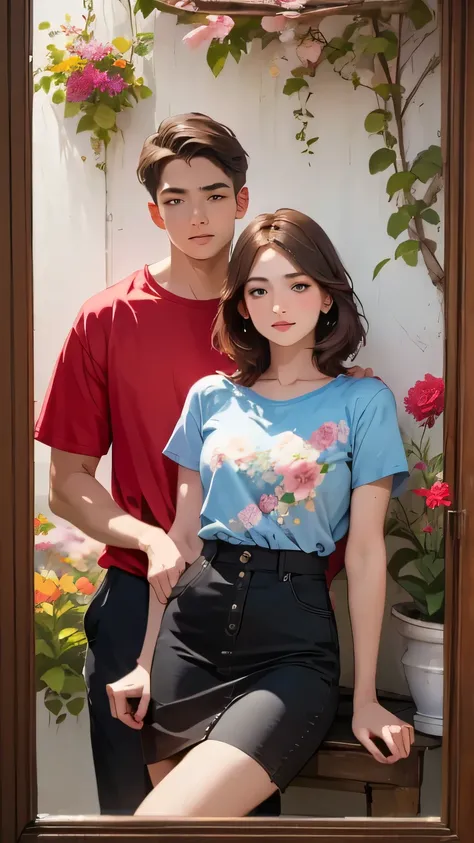 396 ((young woman and young man)),(short hair),(Neat hair),(Ultra High Definition),(Floral T-shirt),(Leonardo da Vinci style paintings)
