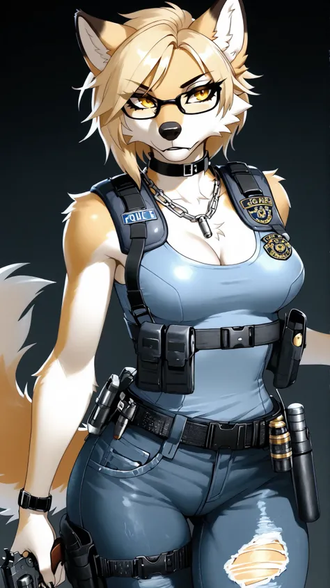 wolfcut, fluffy blonde hair, voluminous blonde hair,Source_furry, furry, anthro, blonde wolf, black rim glasses, black collar, curvy body, golden eyes, slim, medium breasts, post-apocalypse, worn bullet proof vest, cleavage showing, tight worn, and torn ...