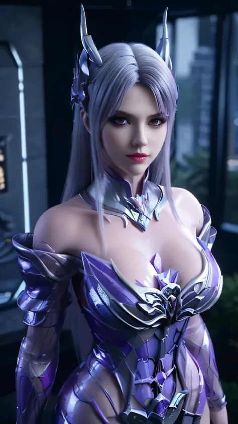 A BUSTY MILF, CLOSEUP UPPER BODY,SOLO, ((DRAGON MECHA HORN,DARK LONG HAIR)), (GIANT FAKE BREASTS, DEEP CLEAVAGE, EXPOSE ABS:1.5), ((WEARING OUTFIT SILVER, PURPLE, CRIMSON RED DRAGON MECHA TRANSFORMERS SKIMPY ARMOR:1.5)), (MUSCULAR BODY SHAPE:1.5), (CLEAN G...
