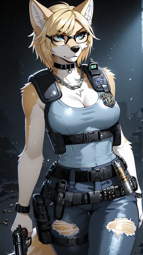 wolfcut, fluffy blonde hair, voluminous blonde hair,Source_furry,   furry, anthro, blonde wolf, black rim glasses, black collar, curvy body, blue eyes, slim, medium breasts, post-apocalypse, worn bullet proof vest, cleavage showing, tight worn, and torn je...