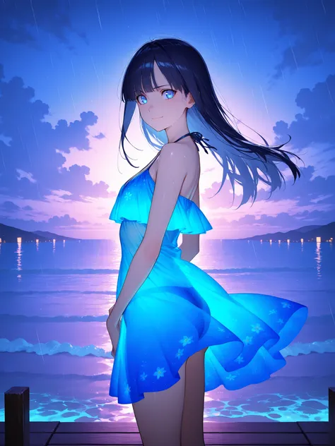 dynamic lighting,
(Hinata Hyuga),Alone,Young woman,beautiful face,straight hair,light-eyed,dark blue eyes, half smile ,
Glowing sea in the middle of summer, (Double exposure silhouette: 1.2), beautiful girl standing on a pier, Vibrant tropical bikini dress...