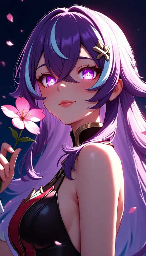 masterpiece, best quality, amazing quality, very aesthetic, absurdres, newest, 1girl, Chevreuse Genshin Impact, Twilight Blossom, glowing eyes, lips, thin lips, solo, looking at viewer, charming smile, holding flower, chupa chups, upper body, from below, back lighting, dark, multicolored background, masterpiece, cherry blossom, flux haruka anime
