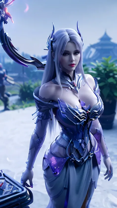 A BUSTY MILF, CLOSEUP UPPER BODY,SOLO, ((DRAGON MECHA HORN,DARK LONG HAIR)), (GIANT FAKE BREASTS, DEEP CLEAVAGE, EXPOSE ABS:1.5), ((WEARING OUTFIT SILVER, PURPLE, CRIMSON RED DRAGON MECHA TRANSFORMERS SKIMPY ARMOR with a massive glowing Dao Ring hovering b...