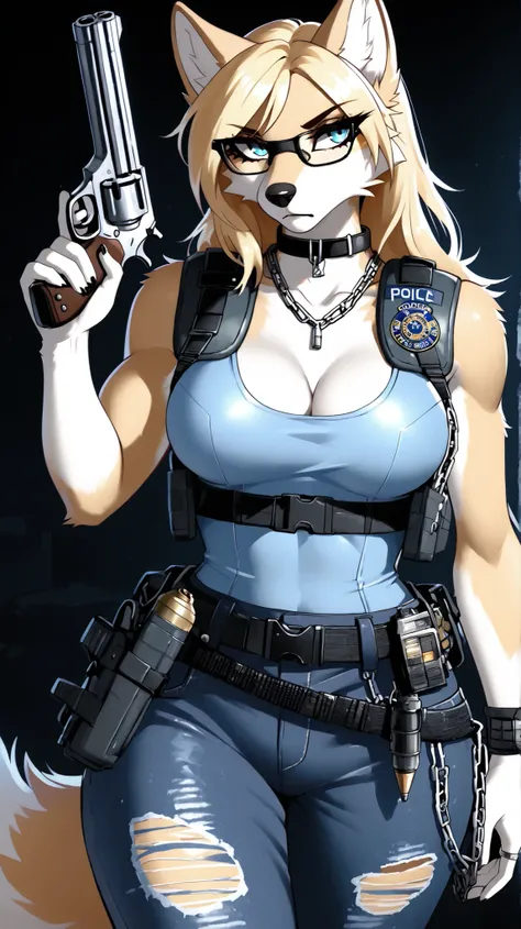 long blonde hair, Source_furry, furry, anthro, blonde wolf, black rim glasses, black collar, curvy body, athletic body, blue eyes, slim, medium breasts, post-apocalypse, worn bullet proof vest, cleavage showing, tight worn, and torn jeans, police belt un...