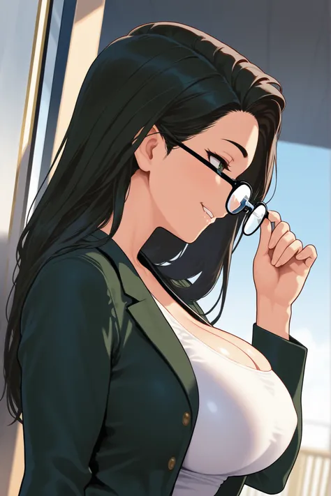  Masterpiece,    top quality,   18-year-old Jennifer Connelly,  from side, Beautiful profile, showing her body, 8k,    Wide-angle ,   shiny long black hair ,  radiant smile , dark green high school uniform jacket,    white tank top, big breasts, taking her...