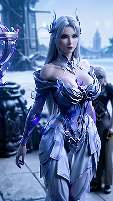 A BUSTY MILF, CLOSEUP UPPER BODY,SOLO, ((DRAGON MECHA HORN,DARK LONG HAIR)), (GIANT FAKE BREASTS, DEEP CLEAVAGE, EXPOSE ABS:1.5), ((WEARING OUTFIT SILVER, PURPLE, CRIMSON RED DRAGON MECHA TRANSFORMERS SKIMPY ARMOR with a massive glowing energy Ring hoverin...