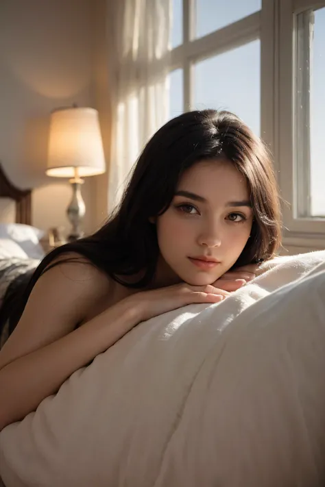 A beautiful woman rendered in ultra-realistic 3D style, cinematic lighting, soft skin texture. She has large eyes, long straight black hair, a small nose, fair glowing skin, and graceful long legs. She is lying elegantly on a bed, partially wrapped in soft...