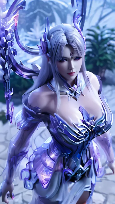 A BUSTY MILF, CLOSEUP UPPER BODY,SOLO, ((DRAGON MECHA HORN,DARK LONG HAIR)), (GIANT FAKE BREASTS, DEEP CLEAVAGE, EXPOSE ABS:1.5), ((WEARING OUTFIT SILVER, PURPLE, CRIMSON RED DRAGON MECHA TRANSFORMERS SKIMPY ARMOR with a massive glowing energy Ring hoverin...