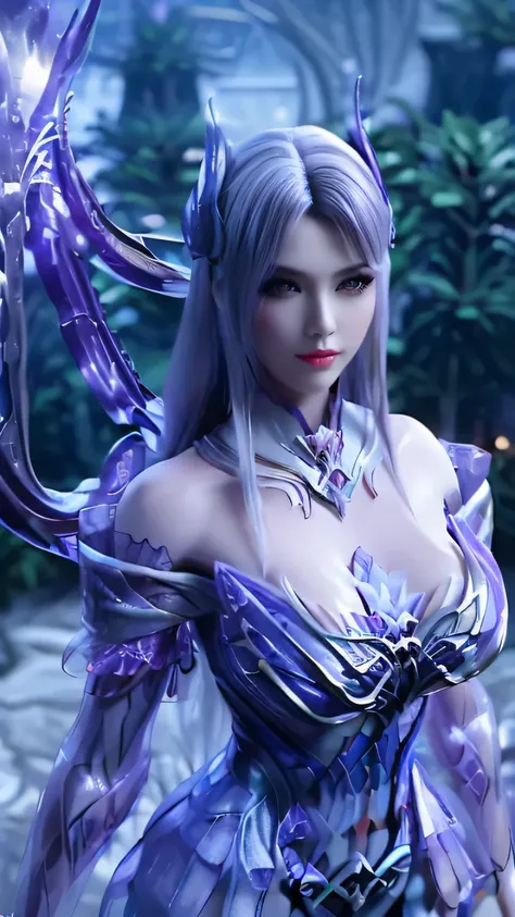 A BUSTY MILF, CLOSEUP UPPER BODY,SOLO, ((DRAGON MECHA HORN,DARK LONG HAIR)), (GIANT FAKE BREASTS, DEEP CLEAVAGE, EXPOSE ABS:1.5), ((WEARING OUTFIT SILVER, PURPLE, CRIMSON RED DRAGON MECHA TRANSFORMERS SKIMPY ARMOR with a massive glowing energy Ring hoverin...