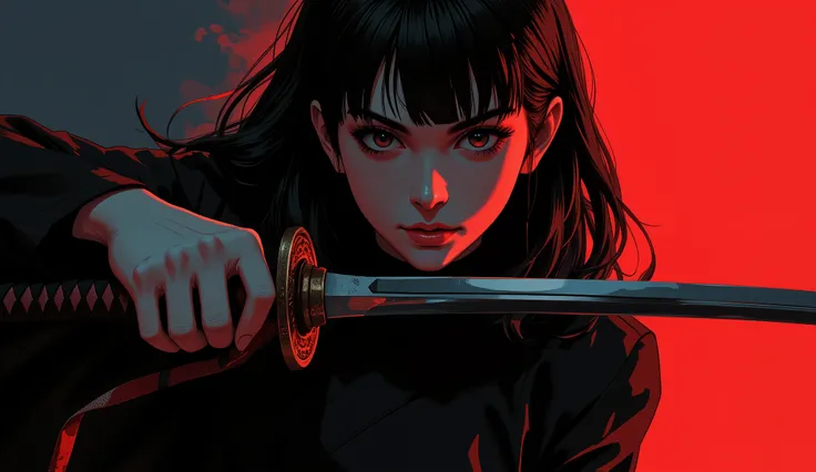 Create an intense, evocative portrait in the Japanese retro anime style of the 80s and 90s, featuring a young woman bathed in deep, dark, crimson-tinged light that accentuates the contours of her delicate yet powerful form. The stark, high-contrast backgro...