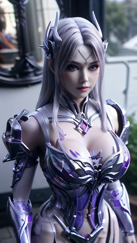 A BUSTY MILF, CLOSEUP UPPER BODY,SOLO, ((DRAGON MECHA HORN, LONG HAIR)), ((GIANT FAKE BREASTS, DEEP CLEAVAGE, EXPOSE ABS:1.5)), ((WEARING OUTFIT SILVER, PURPLE, CRIMSON RED DRAGON MECHA TRANSFORMERS SKIMPY ARMOR:1.5)), (MUSCULAR HOURGLASS BODY SHAPE:1.5), ...