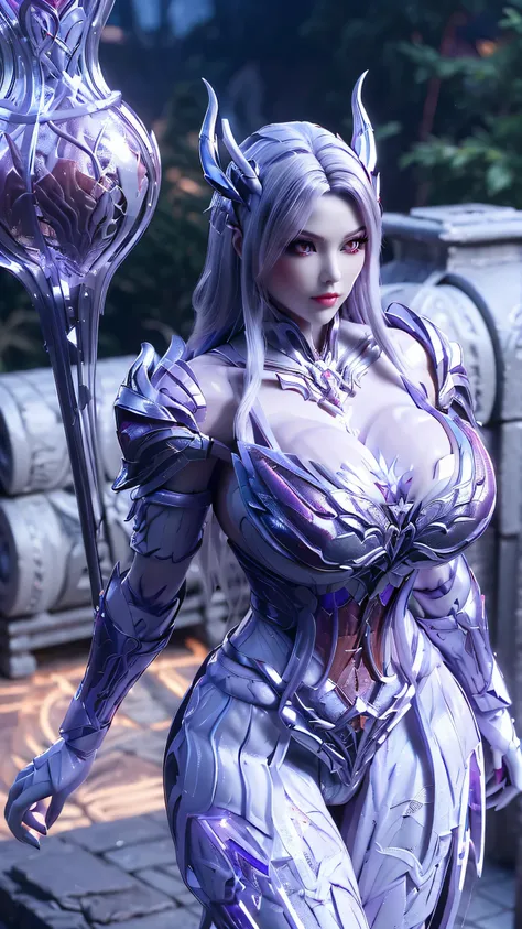A BUSTY MILF, CLOSEUP UPPER BODY,SOLO, ((DRAGON MECHA HORN, LONG HAIR)), ((GIANT FAKE BREASTS, DEEP CLEAVAGE, EXPOSE ABS:1.5)), ((WEARING OUTFIT SILVER, PURPLE, CRIMSON RED DRAGON MECHA TRANSFORMERS SKIMPY ARMOR:1.5)), (MUSCULAR HOURGLASS BODY SHAPE:1.5), ...