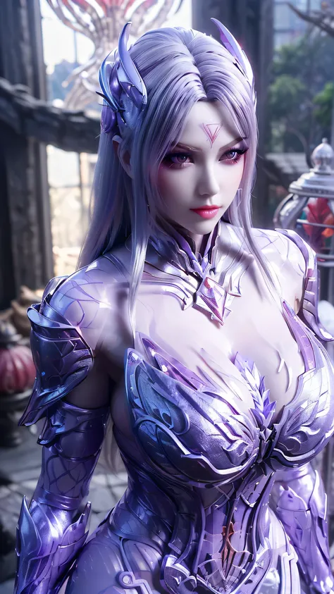A BUSTY MILF, CLOSEUP UPPER BODY,SOLO, ((DRAGON MECHA HORN, LONG HAIR)), ((GIANT FAKE BREASTS, DEEP CLEAVAGE, EXPOSE ABS:1.5)), ((WEARING OUTFIT SILVER, PURPLE, CRIMSON RED DRAGON MECHA TRANSFORMERS SKIMPY ARMOR:1.5)), (MUSCULAR HOURGLASS BODY SHAPE:1.5), ...