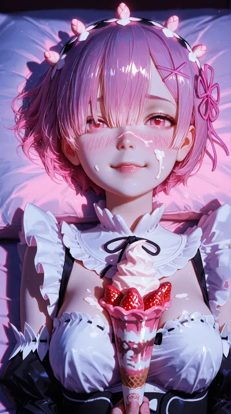 Rem, lying on a bed in a soft fantasy bedroom, modestly covering her chest with two swirled soft-serve ice cream scoops topped with strawberries, creamy texture, playful and shy expression, photorealistic anime style, realistic facial features, detailed sk...