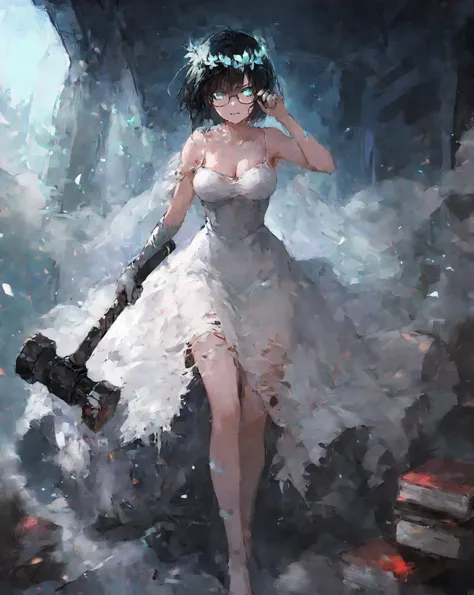 masterpiece, highly detailed, cinematic lighting, 4k quality, side-by-side composition — on the left: a fragile beautiful woman (nice curves) with short messy hair, wearing large round prescription glasses, struggling to hold a towering pile of books, sma...