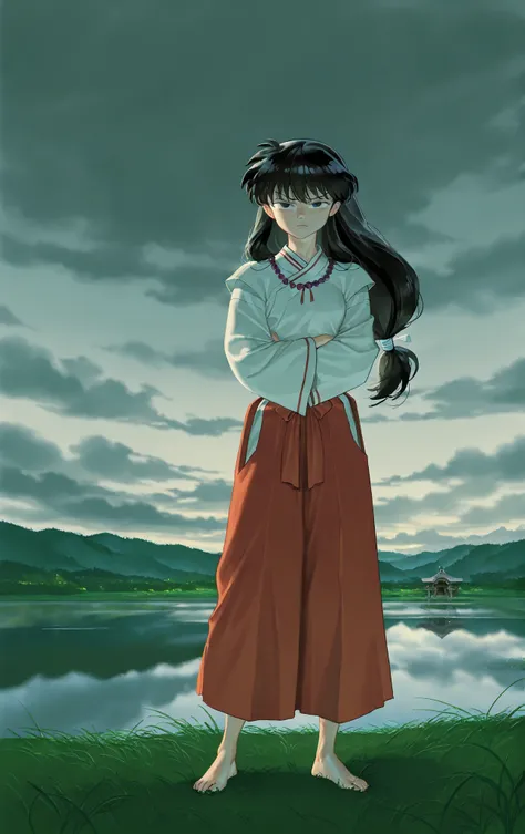 High quality, 1 girl, similar to Kikyo from Inuyasha, standing barefoot on the grass next to a calm lake, arms crossed, visibly annoyed, shrine maiden outfit slightly disheveled, long black hair tied back, moonlit night or cloudy sky, traditional Japanese ...