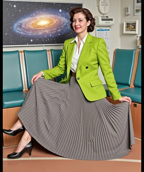 In an interstellar office adorned with vintage charm, a demure, mature therapist, dressed in a crisp uniform jacket and a blouse, reveals her alluring feminine grace. Her long, pleated skirt flows dramatically as the subtly lifts it, each fold a testament...