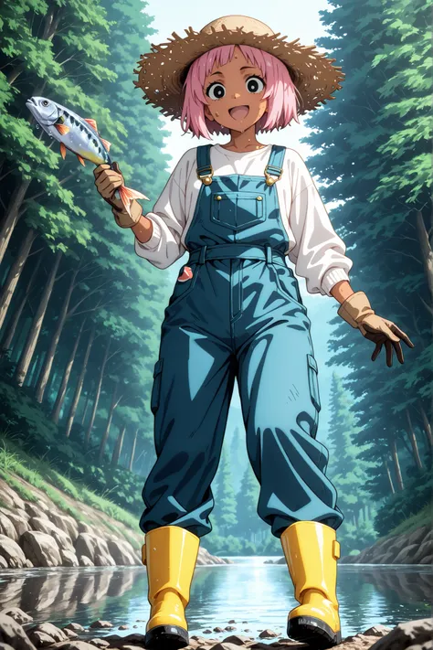 1 girl,solo,beautiful japanese,girl,black eyes,tanned skin,pink hair,short hair,masterpiece,general,highres, ultra-detailed,very aesthetic,best quality ,best hands,best eyes,perfect anatomy,anime coloring,newest,easynegative,BREAK,overalls, white T-shirt,l...