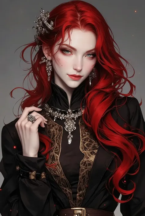 Character Name: Seraphina Valerius (Often referred to as "The Crimson Ice Queen")

Age: 28

Gender: half-elf Female 

Appearance:

Hair: Long, flowing, red as the color of freshly spilled blood. It cascades down her back, often styled in intricate braids o...