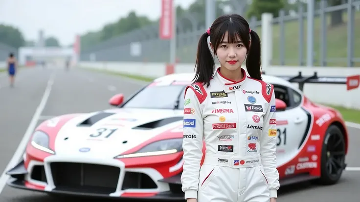 Ikumi as a racing driver, in white racing overalls with lots of sponsors' logos all over it in the form of sewn-on badges.  She is standing in the parc ferme area of a motor racing circuit, in front of her racing car, which has the number 31 on it, as well...