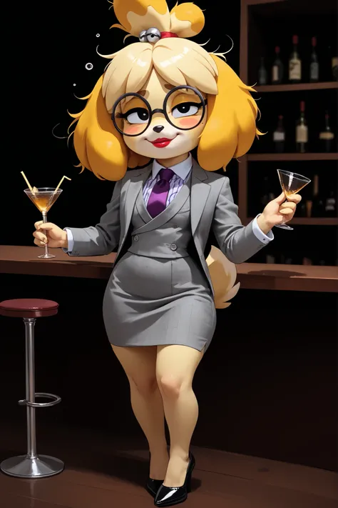 score_9, score_8_up, score_7_up, score_6_up, source_anime, three-piece suit, 1girl, thin-frame round glasses, formal, jewelry, suit, purple necktie, earrings, jacket, (((grey waistcoat))), shirt, (((grey jacket))), striped shirt with white collar, (black l...