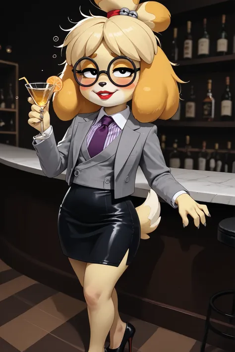 score_9, score_8_up, score_7_up, score_6_up, source_anime, three-piece suit, 1girl, thin-frame round glasses, formal, jewelry, suit, purple necktie, earrings, jacket, (((grey waistcoat))), shirt, (((grey jacket))), striped shirt with white collar, (black l...