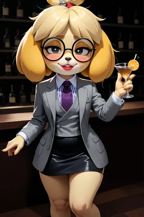 score_9, score_8_up, score_7_up, score_6_up, source_anime, three-piece suit, 1girl, thin-frame round glasses, formal, jewelry, suit, purple necktie, earrings, jacket, (((grey waistcoat))), shirt, (((grey jacket))), striped shirt with white collar, (black l...