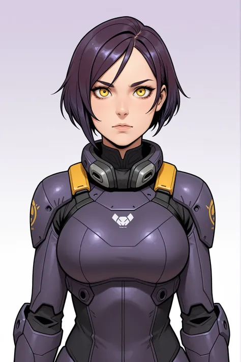 mech pilot girl, dark purple hair, yellow eyes.