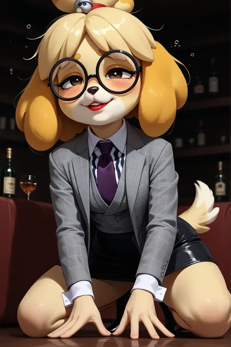score_9, score_8_up, score_7_up, score_6_up, source_anime, three-piece suit, 1girl, thin-frame round glasses, formal, jewelry, suit, purple necktie, earrings, jacket, (((grey waistcoat))), shirt, (((grey jacket))), striped shirt with white collar, (black l...