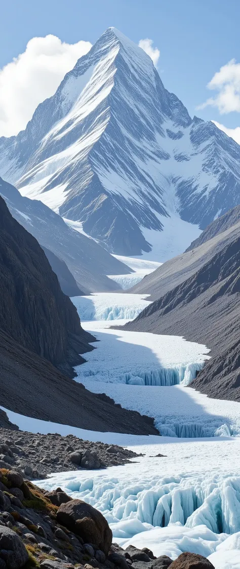 I'm imagining、Mchuchish(Muchu Chhish)and Mount Batula V(Batura V)towering majestically along with glaciers{x}belongs to the Batullah Mustag Mountains in Pakistan's Karakoram Mountains（It rises majestically with an elevation of 7,000 meters）In the mountains of、未登頂In the mountains of、glaciers.。