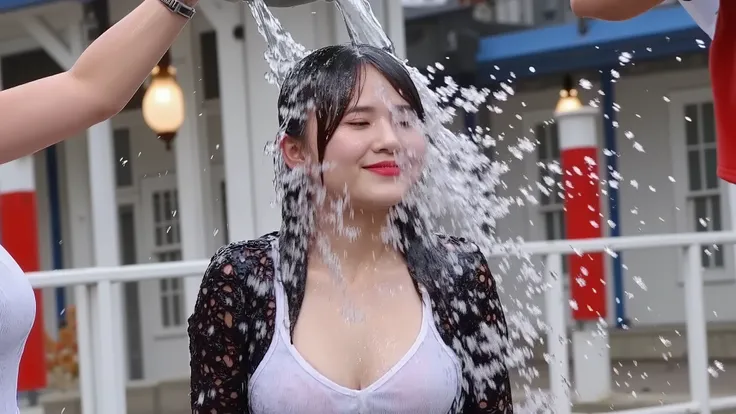 On the set of a TV gameshow that is elaborately decorated with lots of set dressing and brightly lit with lots of coloured lights, Ikumi, wearing a maid outfit, jewellery including a smartwatch, long press-on false nails and long false eyelashes has a buck...