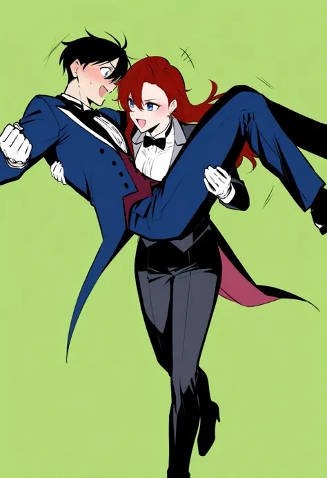 ,1girl, tuxedo tailcoat female outfit,prince carry,1boy, bridal style, female carrying male, role reversal, gender role swap , assertive female x Submissive male , assertive butler woman