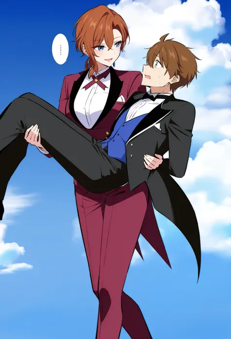 ,1girl, tuxedo tailcoat female outfit,prince carry,1boy, bridal style, female carrying male, role reversal, gender role swap , assertive female x Submissive male unconscious, assertive butler woman