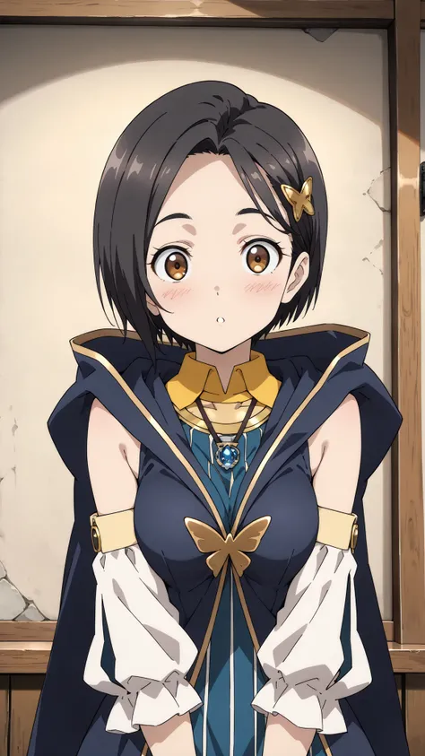{Highest quality}, {so beautiful}, (anime coloring,flat color,TV anime style,Not details), {Best illustrations},(flat body,very thin,Slim body, young:1.2),solo,1girl,rinwell,black hair, brown eyes, hairpin, parted bangs, short hair, pendant,hood down, slee...