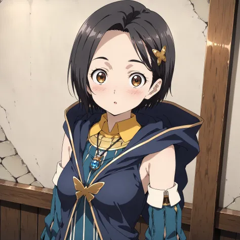 {Highest quality}, {so beautiful}, (anime coloring,flat color,TV anime style,Not details), {Best illustrations},(flat body,very thin,Slim body, young:1.2),solo,1girl,rinwell,black hair, brown eyes, hairpin, parted bangs, short hair, pendant,hood down, slee...