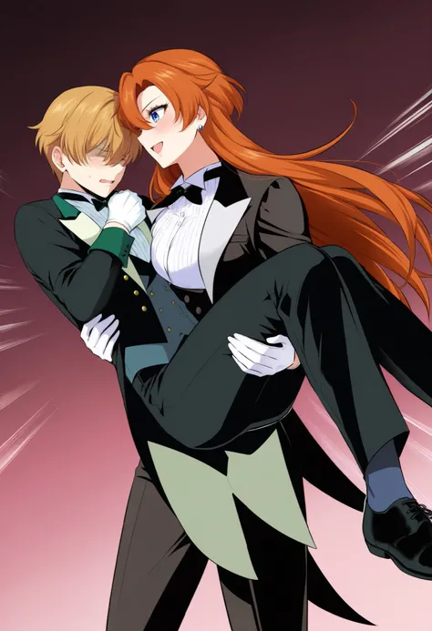 ,1girl, tuxedo tailcoat woman outfit,prince carry,1boy, bridal style, female carrying male, role reversal, gender role swap , assertive woman x Submissive male unconscious, assertive butler woman