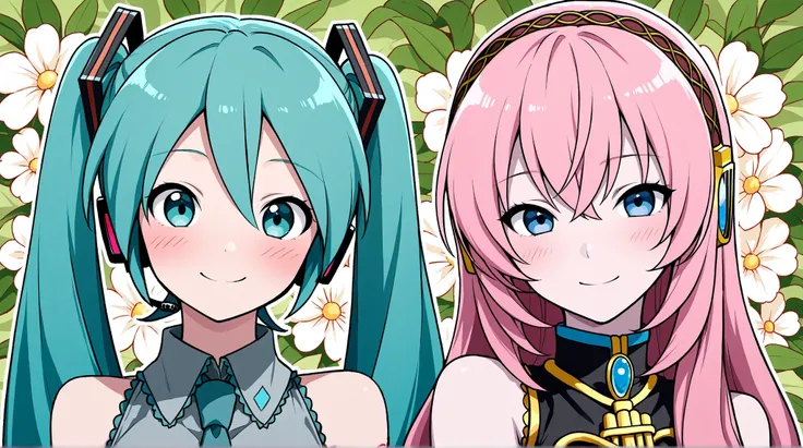 Megurine Luka,Hatsune Miku,High Accuracy Selection, long hair, And look    , blush, Smile Yang   , top quality, headphones, flower background 