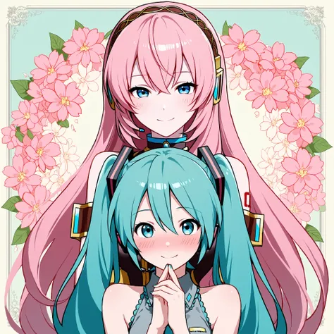 Megurine Luka,Hatsune Miku,High Accuracy Selection, long hair, And look    , blush, Smile Yang   , top quality, headphones, flower background 