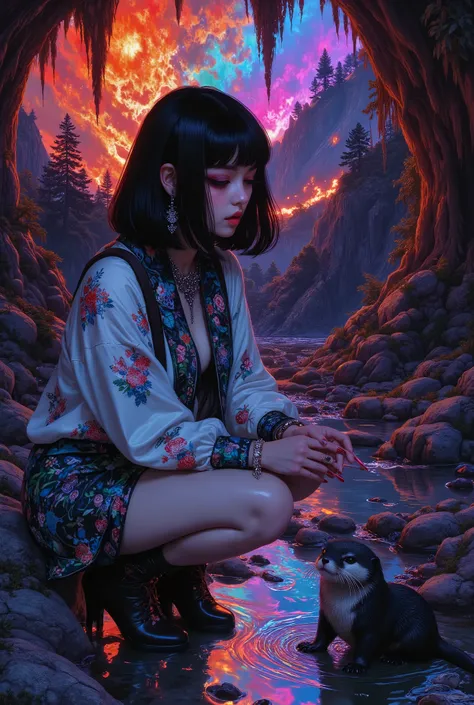 long nails、Oriental beauty wearing summer bohemian fashion with short black bangs and short bob hair、There is only one Asian small-clawed otter、Detailed, highest-quality hand drawing、Exploring Limestone Cave at night illuminated in rainbow colors