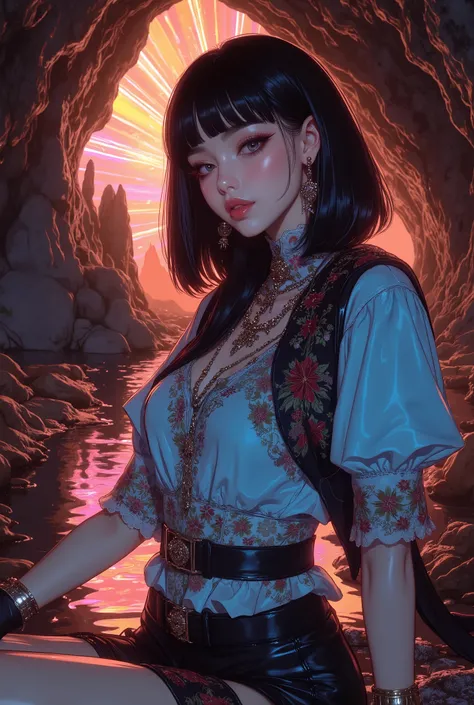long nails、Oriental beauty wearing summer bohemian fashion with short black bangs and short bob hair、There is only one Asian small-clawed otter、Detailed, highest-quality hand drawing、Exploring Limestone Cave at night illuminated in rainbow colors