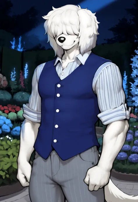 Furry, (Collot, old english sheepdog, canine, solid white fur, male:1.5), solo, (muscular:1.5), (blue vest, should white button-up shirt, navy blue striped light gray pants:1.5), short hair over eyes, background, detailed background, (garden:1.5), by meesh...